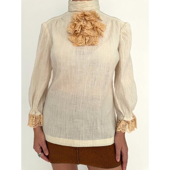 60s vintage beige boho ruffled lace jabot collar peasant sleeves linen blouse - Picture 7 of 9
